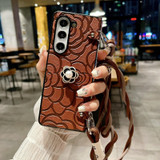 For Samsung Galaxy Z Fold4 5G Impression Camellia Pattern Protective Phone Case with Long Lanyard(Brown)