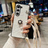 For Samsung Galaxy Z Fold4 5G Impression Camellia Pattern Protective Phone Case with Long Lanyard(White)