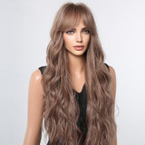 Women Long Hair Wig with Bangs Gradient Fluffy Water Ripple Curly Hair Wig, Color: Dark Brown LC1061-1