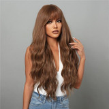 Women Long Hair Wig with Bangs Gradient Fluffy Water Ripple Curly Hair Wig, Color: Coffee Brown LC1027-1
