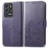 For ZTE Axon 30 Ultra 5G Four-leaf Clasp Embossed Buckle Mobile Phone Protection Leather Case with Lanyard & Card Slot & Wallet & Bracket Function(Purple)