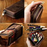 Retro Crazy Horse Leather Square Pencil Case Genuine Leather Zipper Pen box(Black)