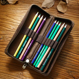 Retro Crazy Horse Leather Square Pencil Case Genuine Leather Zipper Pen box(Coffee)