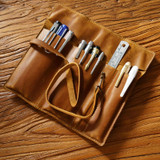 Retro Genuine Leather Pen Curtain Pencil Case Tie Rope With Key(Crazy Horse Brown)