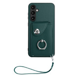 For Samsung Galaxy S23 FE 5G Organ Card Bag Ring Holder PU Phone Case with Lanyard(Green)