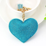 Heart Keychain Leather Tassel Gold Key Holder Metal Crystal Key Chain Keyring Charm Bag Auto Pendant Gift(lake blue)