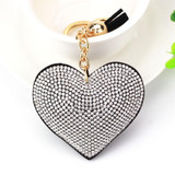 Heart Keychain Leather Tassel Gold Key Holder Metal Crystal Key Chain Keyring Charm Bag Auto Pendant Gift(black white)