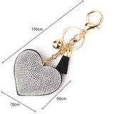 Heart Keychain Leather Tassel Gold Key Holder Metal Crystal Key Chain Keyring Charm Bag Auto Pendant Gift(black white)