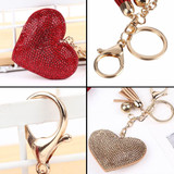 Heart Keychain Leather Tassel Gold Key Holder Metal Crystal Key Chain Keyring Charm Bag Auto Pendant Gift(black white)