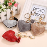 Heart Keychain Leather Tassel Gold Key Holder Metal Crystal Key Chain Keyring Charm Bag Auto Pendant Gift(black white)