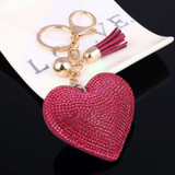 Heart Keychain Leather Tassel Gold Key Holder Metal Crystal Key Chain Keyring Charm Bag Auto Pendant Gift(wine red)