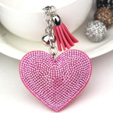 Heart Keychain Leather Tassel Gold Key Holder Metal Crystal Key Chain Keyring Charm Bag Auto Pendant Gift(watermelon red)