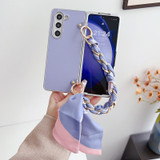 For Samsung Galaxy Z Fold5 5G Metal Patent Leather Phone Case with Scarf Bracelet(Purple)