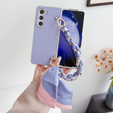 For Samsung Galaxy Z Fold4 5G Metal Patent Leather Phone Case with Scarf Bracelet(Purple)