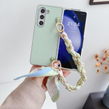 For Samsung Galaxy Z Fold5 5G Metal Patent Leather Phone Case with Scarf Bracelet(Green)