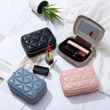 Genuine Leather Diamond Portable Mini Lipstick Cosmetic Bag with Mirror Coin Purse Earphone Bag(Black)