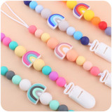Baby Anti-drop Chain Pacifier Clips Silicone Rainbow Beads Dummy Holder Nipple Clip(Pink)