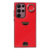 For Samsung Galaxy S22 Ultra 5G Calf Texture Card Slot Ring Holder Phone Case(Red)