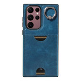 For Samsung Galaxy S22 Ultra 5G Calf Texture Card Slot Ring Holder Phone Case(Blue)