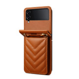 For Samsung Galaxy Z Flip4 Rhombic Folding Leather Phone Case with Long Lanyard(Brown)
