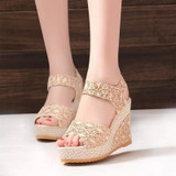 Summer Women Sandals Slope Heel Lace Open Toe Adhesive One Word Buckle Strap Muffin Thick Bottom Shoes, Size: 36(Beige)