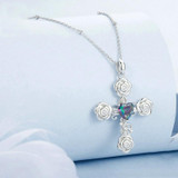 S925 Sterling Silver Platinum Plated Rose Cross Necklace For Women(BSN379)