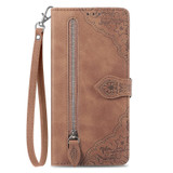 For Tecno Itel A70 Embossed Flower Zipper Leather Phone Case(Brown)