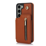 For Samsung Galaxy S23 5G YM006 Skin Feel Zipper Card Bag Phone Case with Dual Lanyard(Brown)