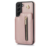 For Samsung Galaxy S22+ 5G YM006 Skin Feel Zipper Card Bag Phone Case with Dual Lanyard(Rose Gold)