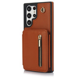 For Samsung Galaxy S22 Ultra 5G YM006 Skin Feel Zipper Card Bag Phone Case with Dual Lanyard(Brown)