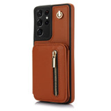 For Samsung Galaxy S21 Ultra 5G YM006 Skin Feel Zipper Card Bag Phone Case with Dual Lanyard(Brown)