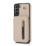 For Samsung Galaxy S21 5G YM006 Skin Feel Zipper Card Bag Phone Case with Dual Lanyard(Apricot)