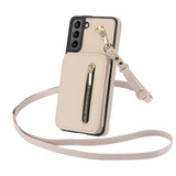 For Samsung Galaxy S21 5G YM006 Skin Feel Zipper Card Bag Phone Case with Dual Lanyard(Apricot)