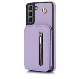 For Samsung Galaxy S21 5G YM006 Skin Feel Zipper Card Bag Phone Case with Dual Lanyard(Light Purple)