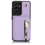 For Samsung Galaxy S21 Ultra 5G YM006 Skin Feel Zipper Card Bag Phone Case with Dual Lanyard(Light Purple)