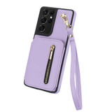 For Samsung Galaxy S21 Ultra 5G YM006 Skin Feel Zipper Card Bag Phone Case with Dual Lanyard(Light Purple)