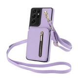 For Samsung Galaxy S21 Ultra 5G YM006 Skin Feel Zipper Card Bag Phone Case with Dual Lanyard(Light Purple)