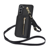 For Samsung Galaxy S21+ 5G YM006 Skin Feel Zipper Card Bag Phone Case with Dual Lanyard(Black)