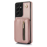 For Samsung Galaxy S21 Ultra 5G YM006 Skin Feel Zipper Card Bag Phone Case with Dual Lanyard(Rose Gold)