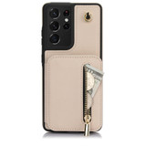 For Samsung Galaxy S21 Ultra 5G YM006 Skin Feel Zipper Card Bag Phone Case with Dual Lanyard(Apricot)