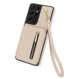For Samsung Galaxy S21 Ultra 5G YM006 Skin Feel Zipper Card Bag Phone Case with Dual Lanyard(Apricot)