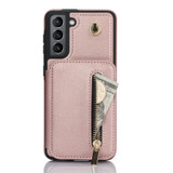 For Samsung Galaxy S21 5G YM006 Skin Feel Zipper Card Bag Phone Case with Dual Lanyard(Rose Gold)