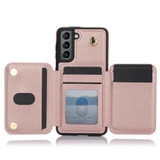 For Samsung Galaxy S21 5G YM006 Skin Feel Zipper Card Bag Phone Case with Dual Lanyard(Rose Gold)