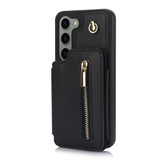 For Samsung Galaxy S23 5G YM006 Skin Feel Zipper Card Bag Phone Case with Dual Lanyard(Black)