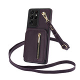 For Samsung Galaxy S21 Ultra 5G YM006 Skin Feel Zipper Card Bag Phone Case with Dual Lanyard(Dark Purple)