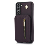 For Samsung Galaxy S21 5G YM006 Skin Feel Zipper Card Bag Phone Case with Dual Lanyard(Dark Purple)