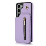 For Samsung Galaxy S23 5G YM006 Skin Feel Zipper Card Bag Phone Case with Dual Lanyard(Light Purple)