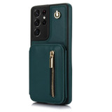 For Samsung Galaxy S21 Ultra 5G YM006 Skin Feel Zipper Card Bag Phone Case with Dual Lanyard(Green)