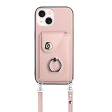 For iPhone 13 mini Organ Card Bag Ring Holder Phone Case with Long Lanyard(Pink)