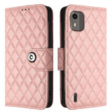 For Nokia C12 Rhombic Texture Flip Leather Phone Case with Lanyard(Coral Pink)